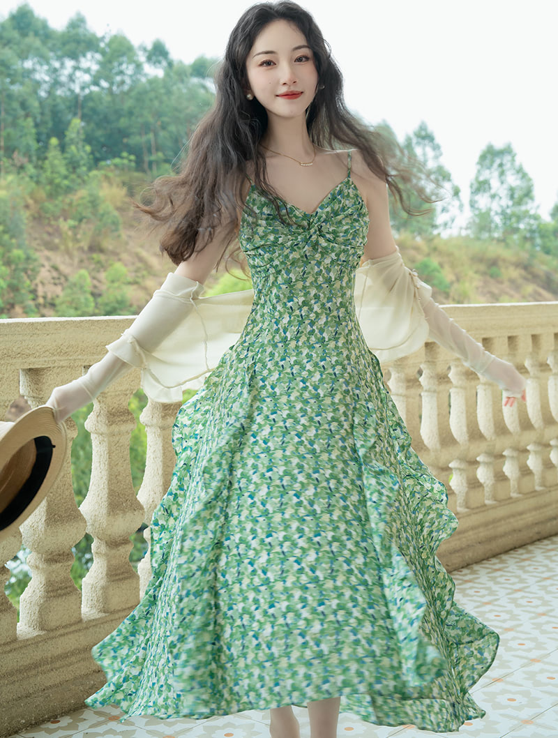 A Line Green Print Summer Beach Casual Long Dress with Cardigan01