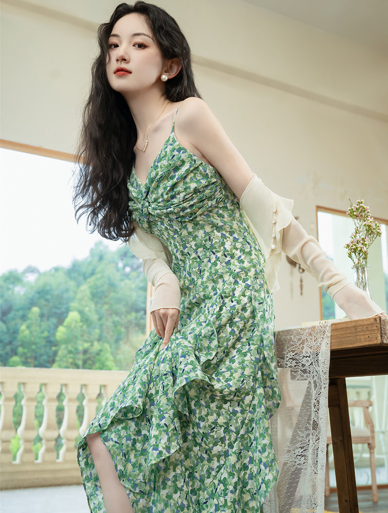 A-Line Green Print Summer Beach Casual Long Dress with Cardigan01