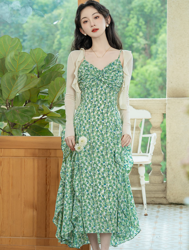 A-Line Green Print Summer Beach Casual Long Dress with Cardigan01