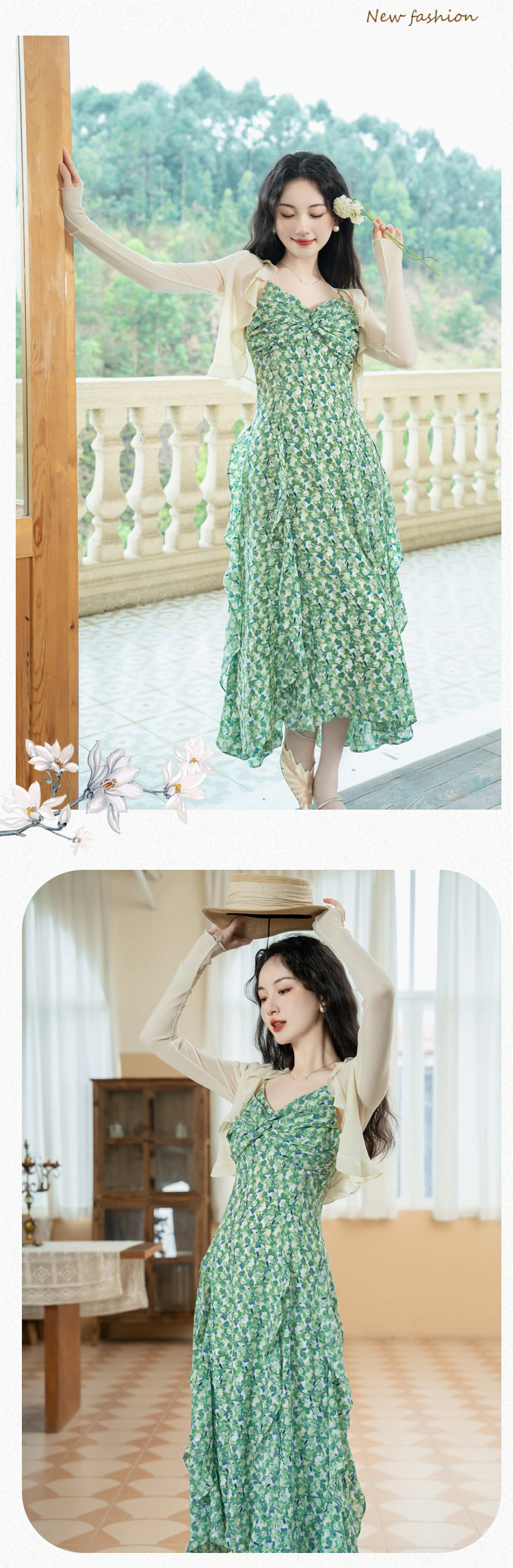 A-Line-Green-Print-Summer-Beach-Casual-Long-Dress-with-Cardigan10