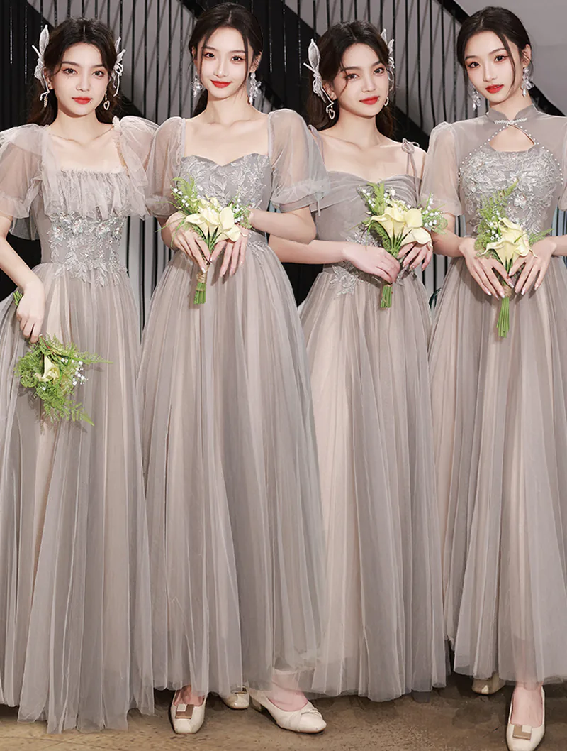 Beautiful Modest Embroidery Khaki Bridesmaid Long Dress Party Gown02