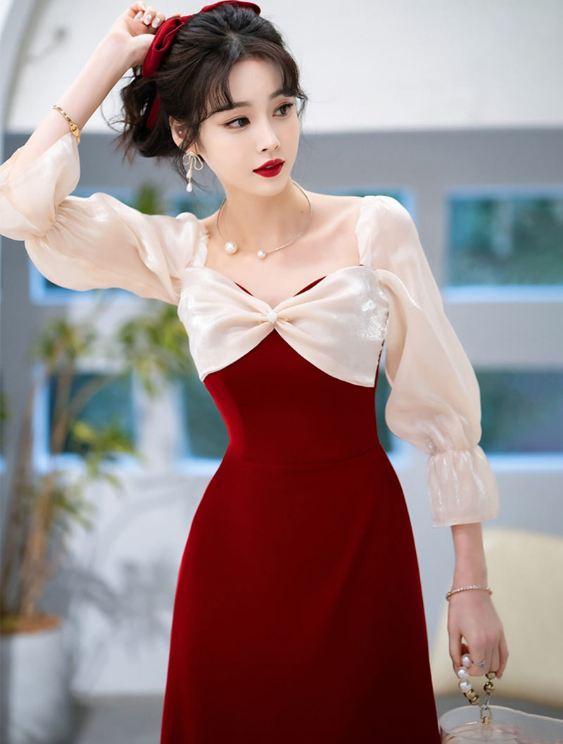 Burgundy Long Sleeve Homecoming Prom Evening Party Long Dress02