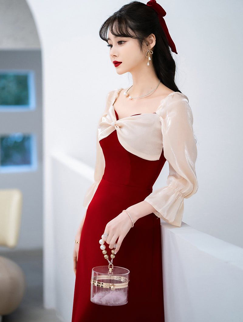 Burgundy Long Sleeve Homecoming Prom Evening Party Long Dress01