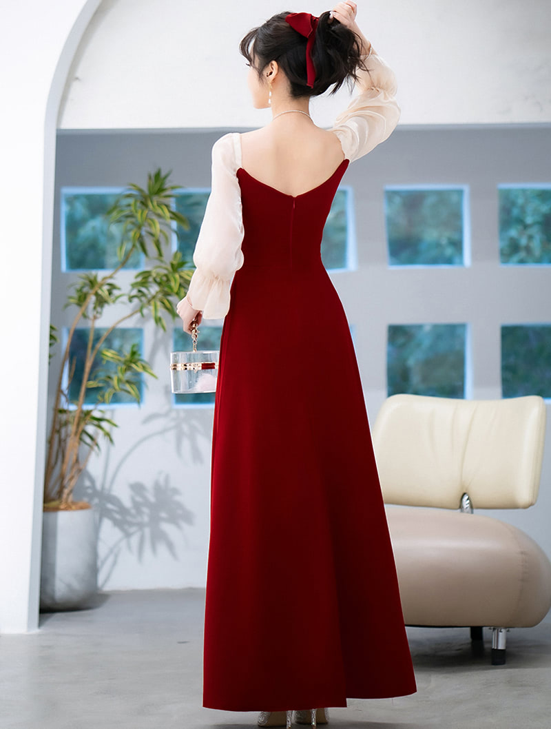 Burgundy Long Sleeve Homecoming Prom Evening Party Long Dress01