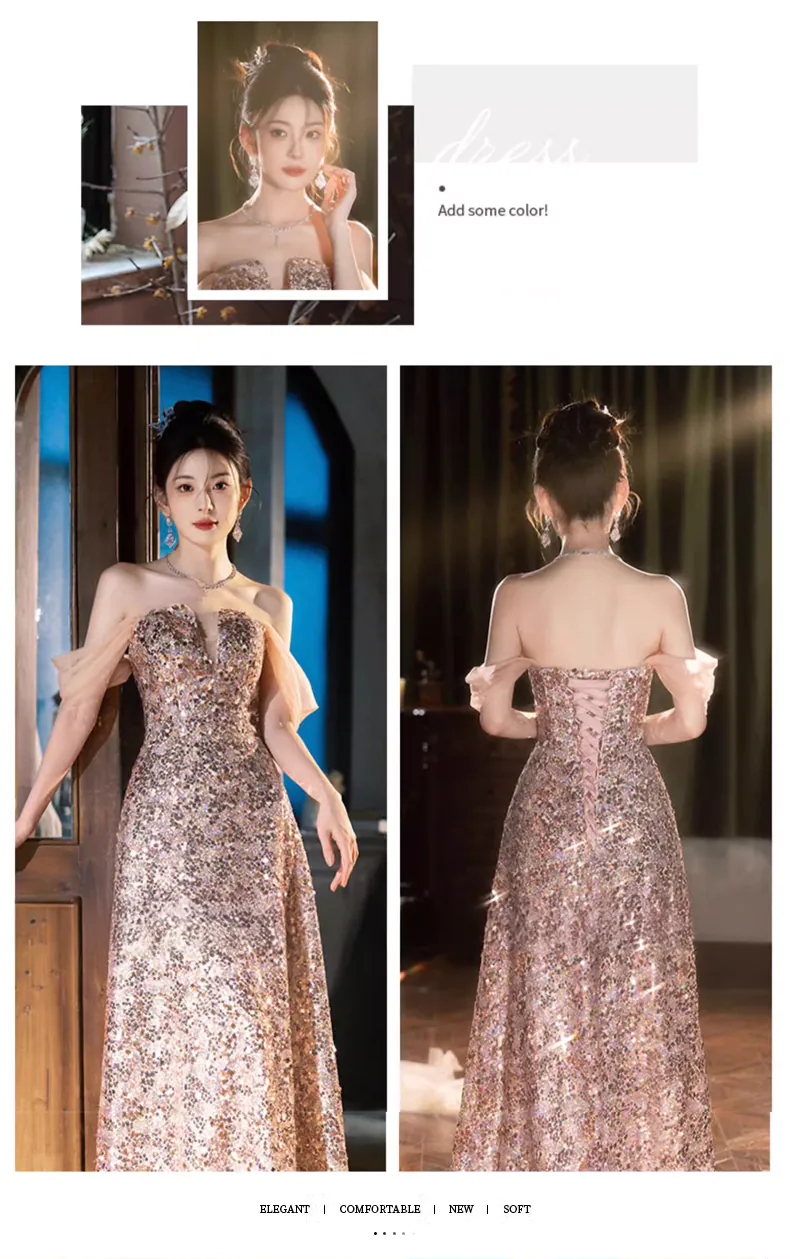 Classy Off the Shoulder Pink Sparkly Evening Dress Formal Party Ball Gown (Size: L) Classy Off the Shoulder Pink Sparkly Evening Dress Formal Party Ball Gown (Size: L)