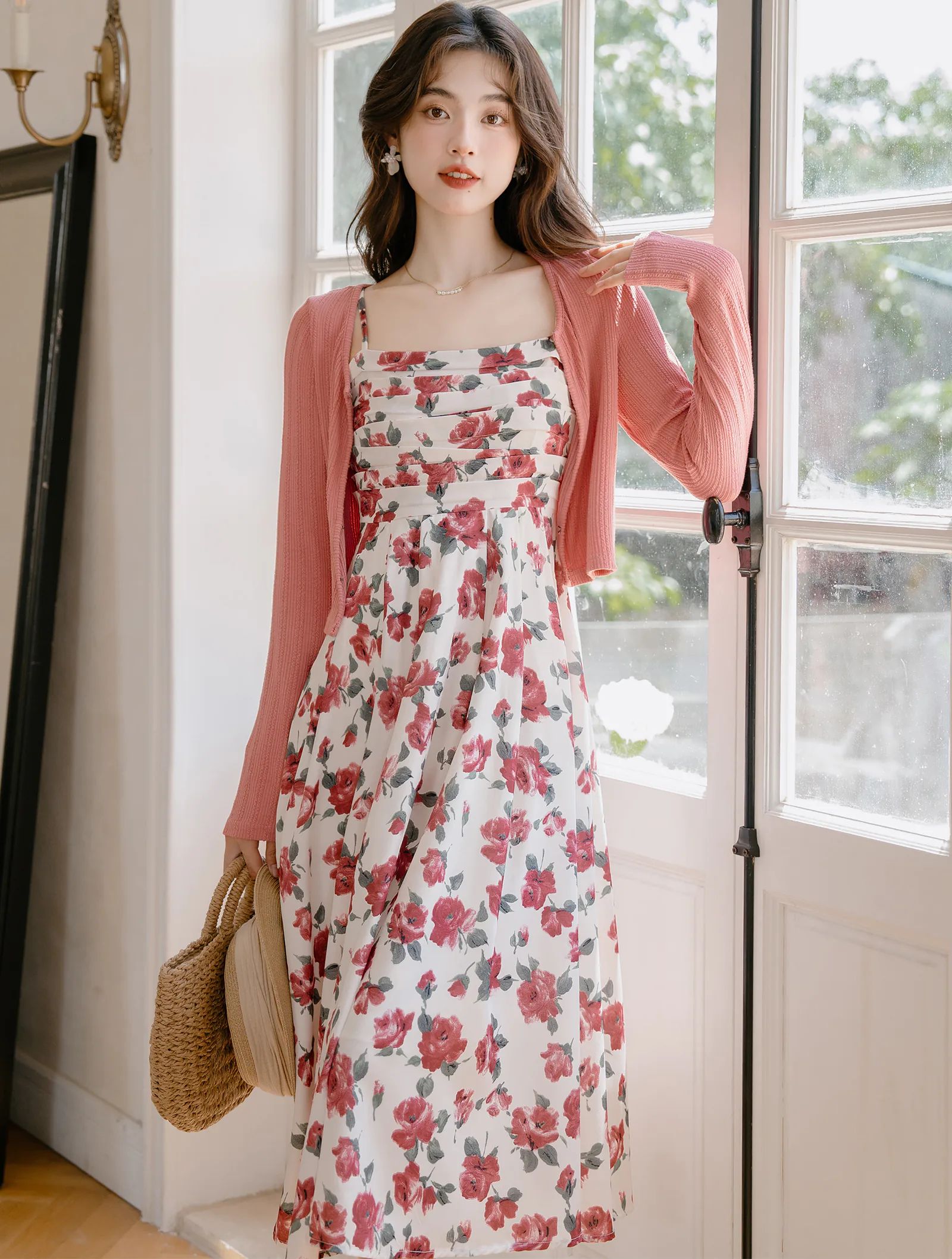 Cottagecore Floral Printed Casual Slip Dress with Pink Cardigan 2 Piece Set01