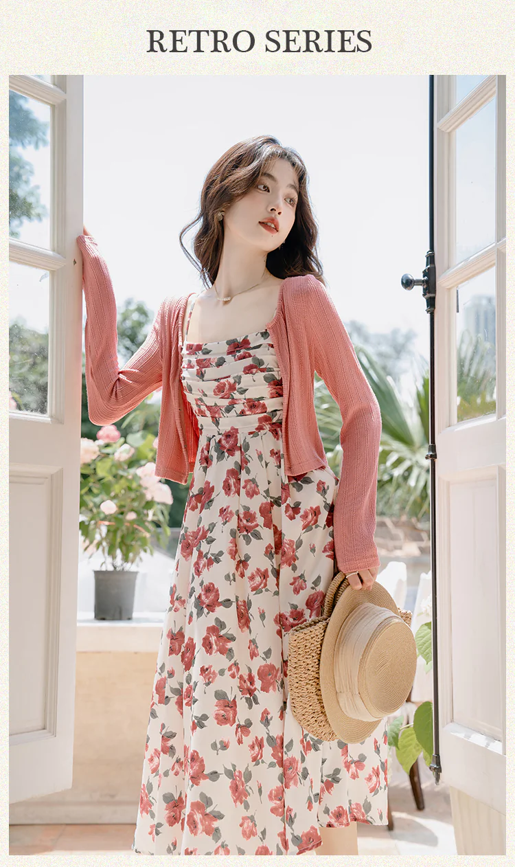 Cottagecore-Floral-Printed-Casual-Slip-Dress-with-Pink-Cardigan-2-Piece-Set06
