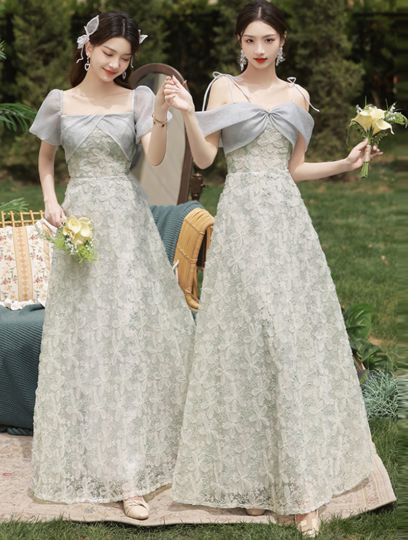 Fairy Green Floral Bridesmaid Dress Sweet Party Evening Prom Gown01