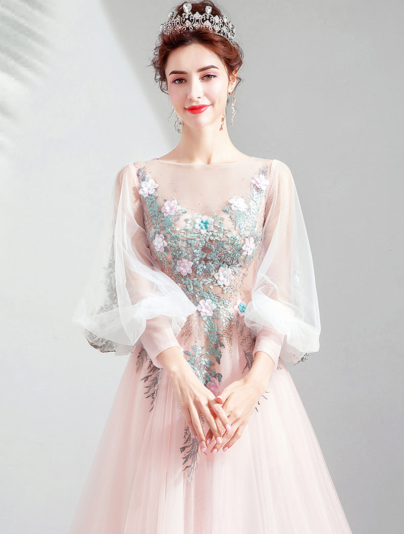 Fairy Pink Tulle Puff Sleeves Floral Embroidery Prom Party Dress02