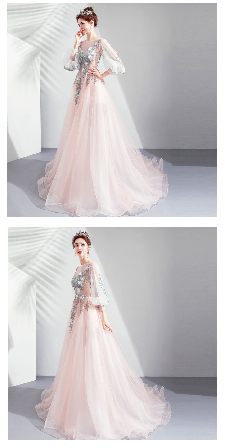 Fairy-Pink-Tulle-Puff-Sleeves-Floral-Embroidery-Prom-Party-Dress13