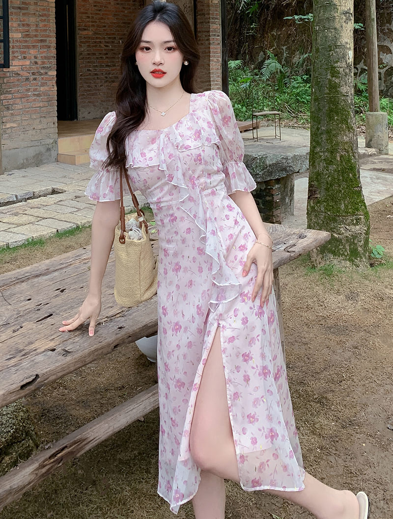 Fashion Summer Printed Ruffle Chiffon Casual Dress with Sleeves01