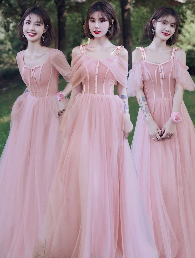 Feminine Sweet Pink Tulle Bridesmaid Dress Prom Party Ball Gown01