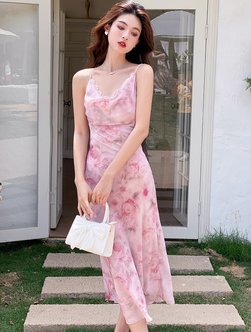 Ladies Sweet Floral Printed Summer Casual Pink Long Slip Dress03