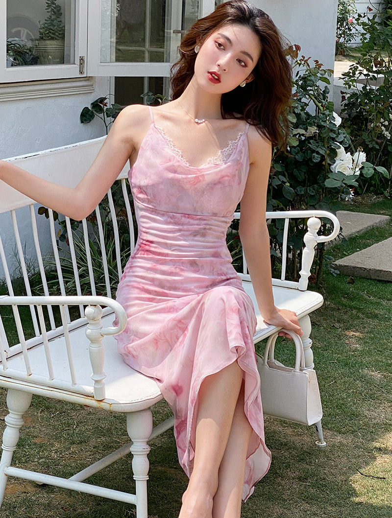 Ladies Sweet Floral Printed Summer Casual Pink Long Slip Dress01