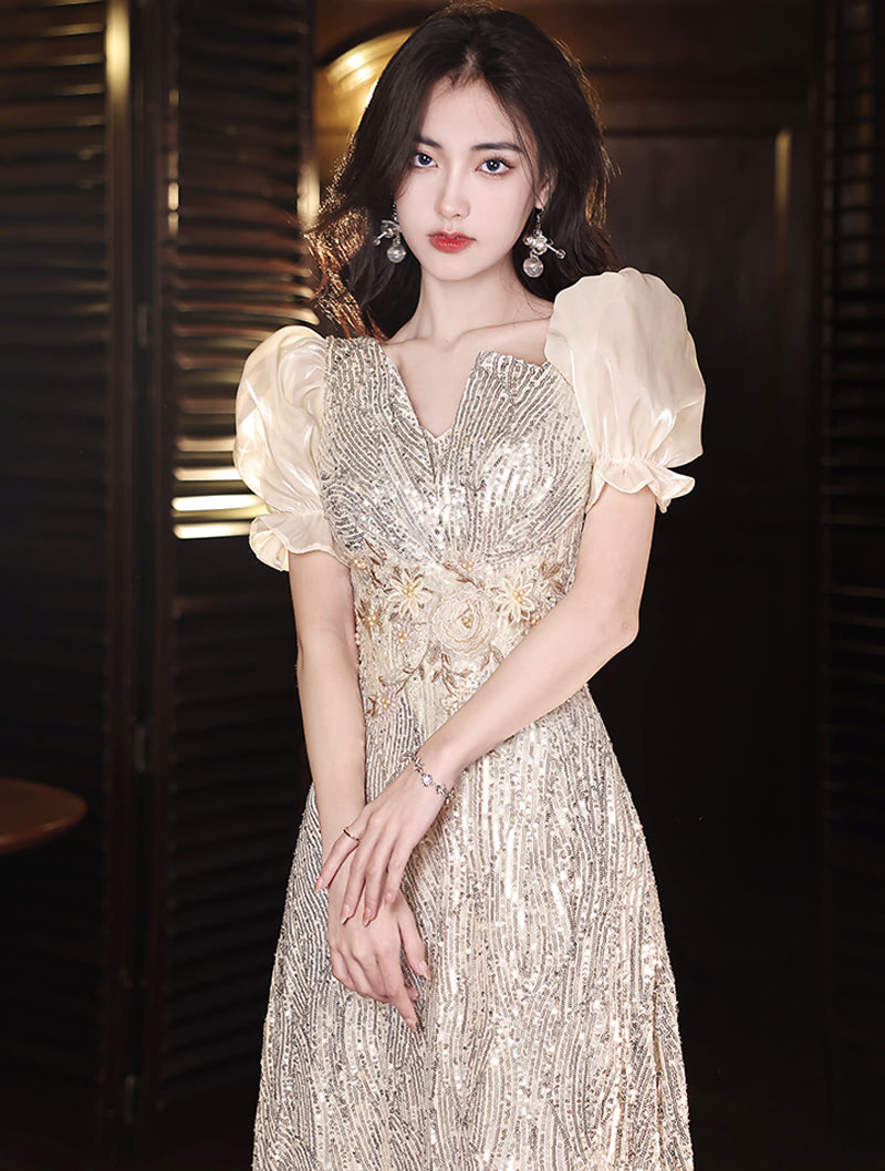 Luxury Sparkly Short Puff Sleeves Sequin Evening Party Formal Dress01
