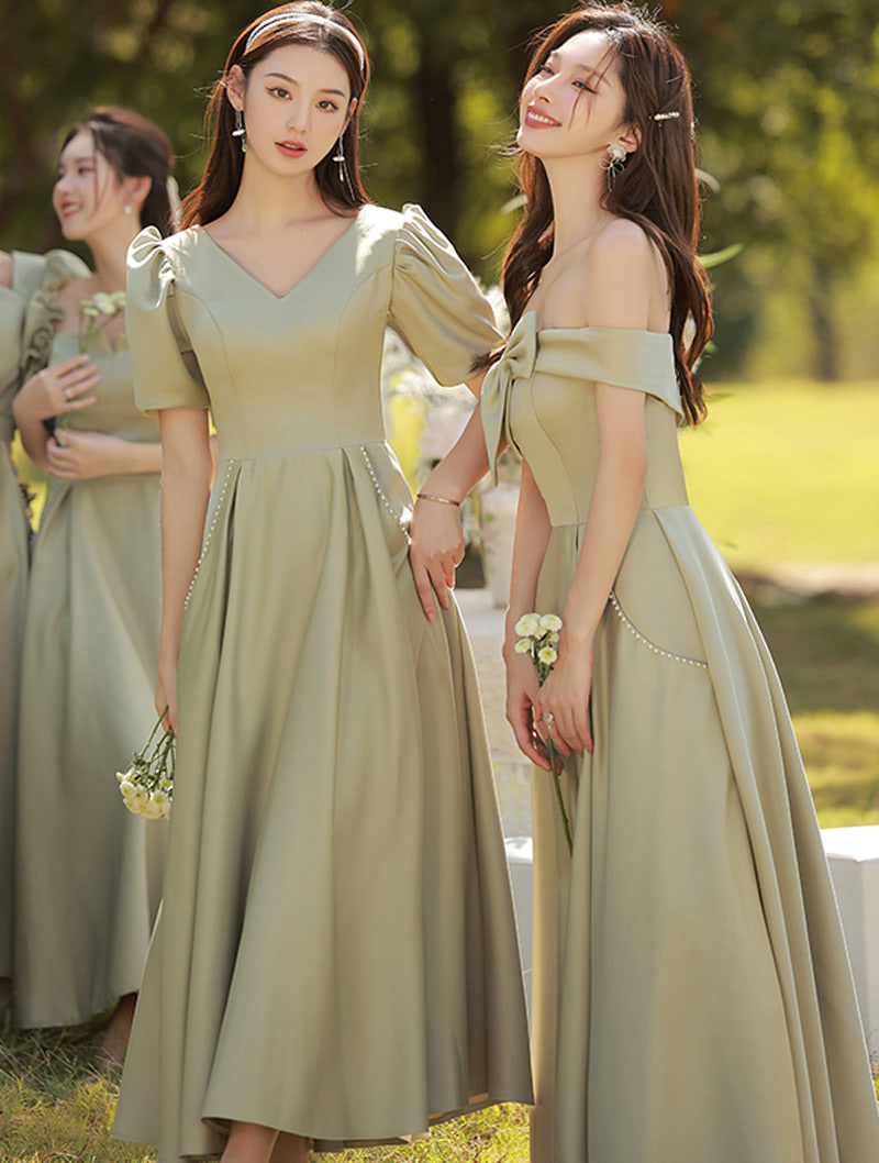 Modest Neutral Sage Green Satin Plus Size Long Bridesmaid Dress01