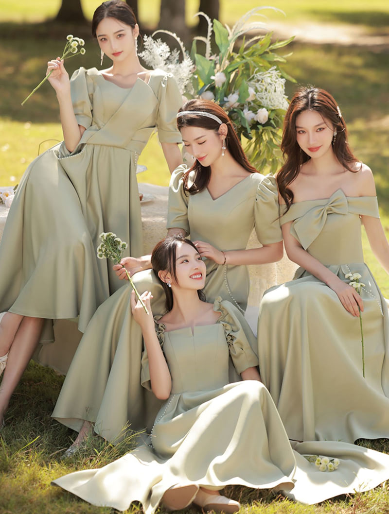 Modest Neutral Sage Green Satin Plus Size Long Bridesmaid Dress02