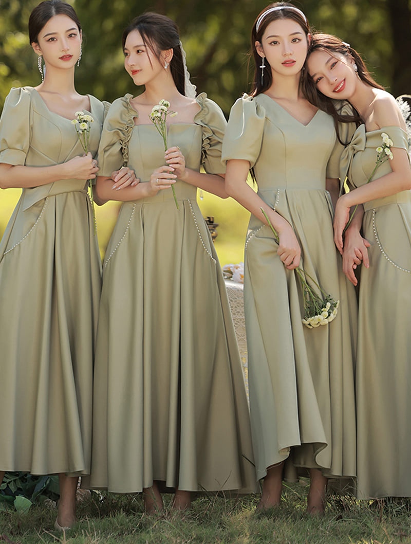 Modest Neutral Sage Green Satin Plus Size Long Bridesmaid Dress03