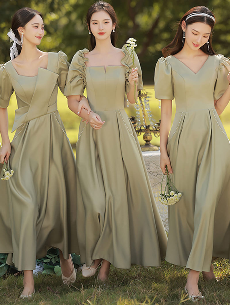 Modest Neutral Sage Green Satin Plus Size Long Bridesmaid Dress05