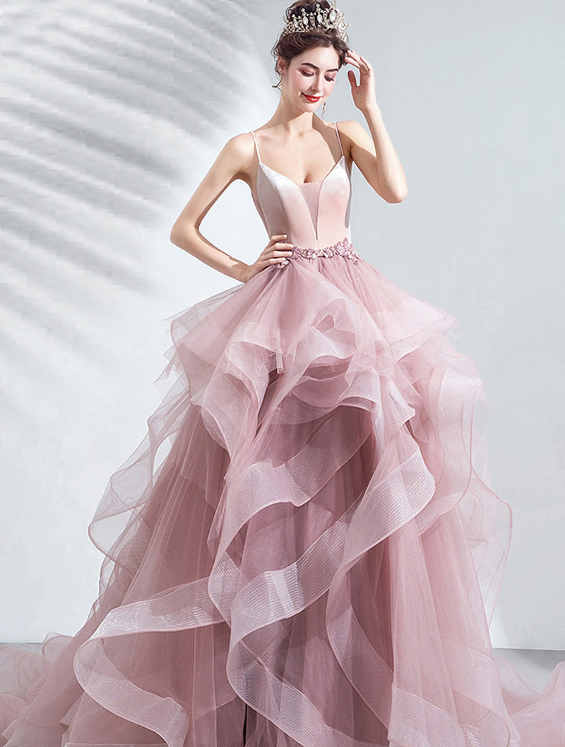Pink Layered Tulle Banquet Prom Party Evening Pompon Skirt Dress04