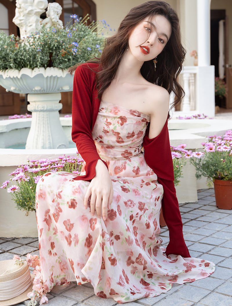 Romantic Vintage Slip Dress and Cardigan Summer Beach Casual Suit02