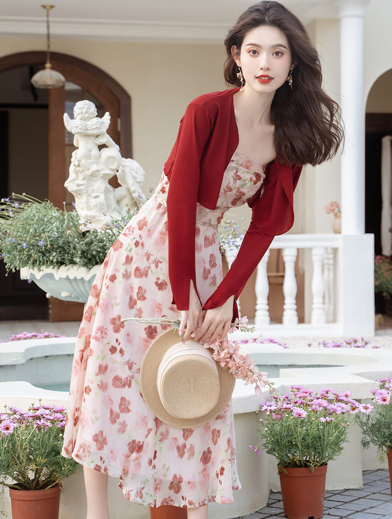 Romantic Vintage Slip Dress and Cardigan Summer Beach Casual Suit01