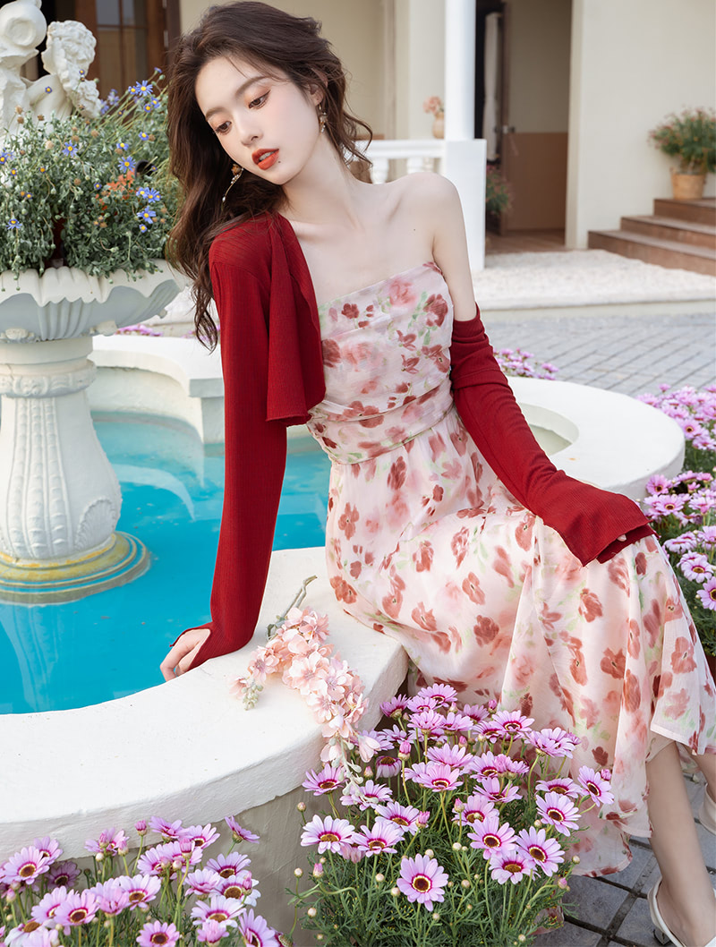 Romantic Vintage Slip Dress and Cardigan Summer Beach Casual Suit01