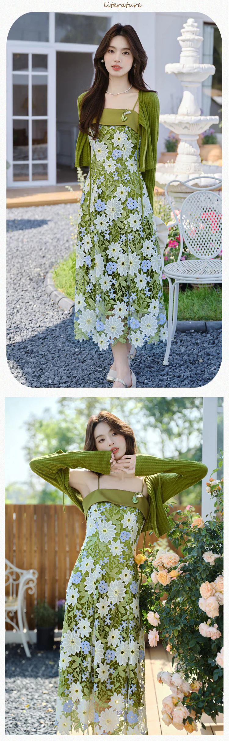 Stylish-Green-Lace-Floral-Slip-Dress-with-Long-Sleeve-Cardigan-Casual-Set11