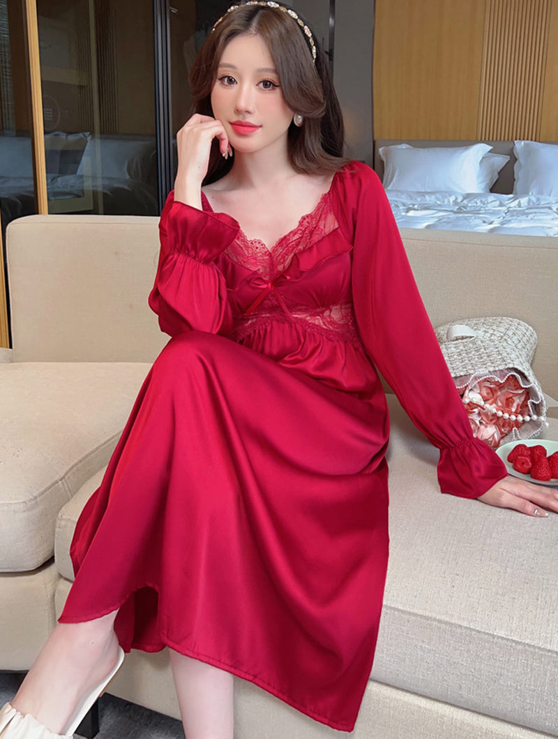 Sweet Lace Robe Long Sleeve Satin Sleepwear Casual Home Wear02