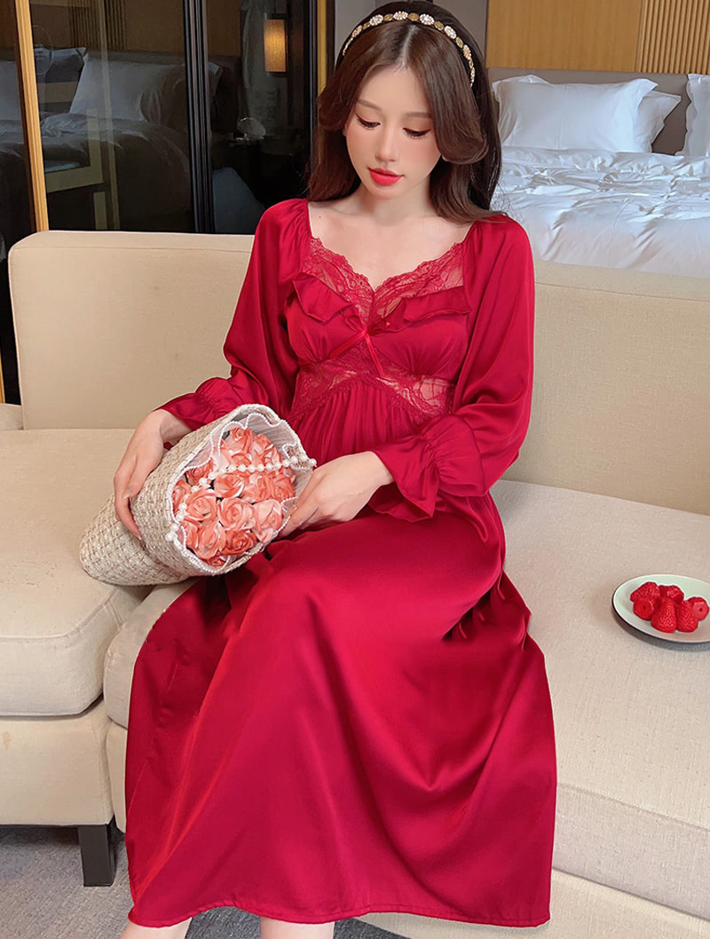 Sweet Lace Robe Long Sleeve Satin Sleepwear Casual Home Wear01
