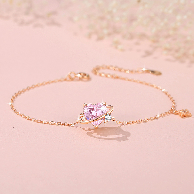 Unique S925 Silver Pink Heart Zircon Bracelet Gift for Woman Girlfriend01