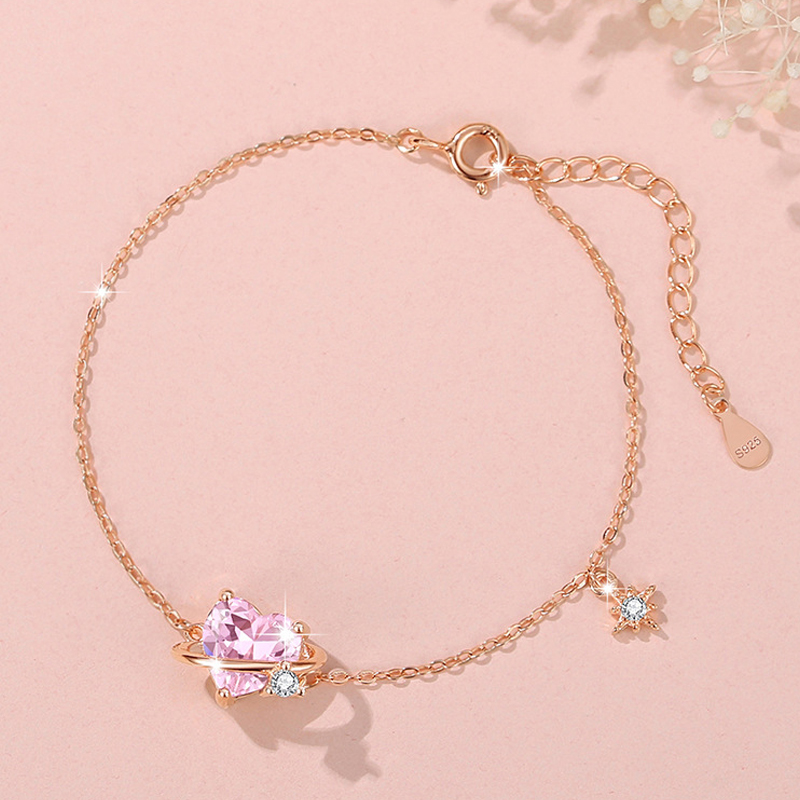 Unique S925 Silver Pink Heart Zircon Bracelet Gift for Woman Girlfriend02