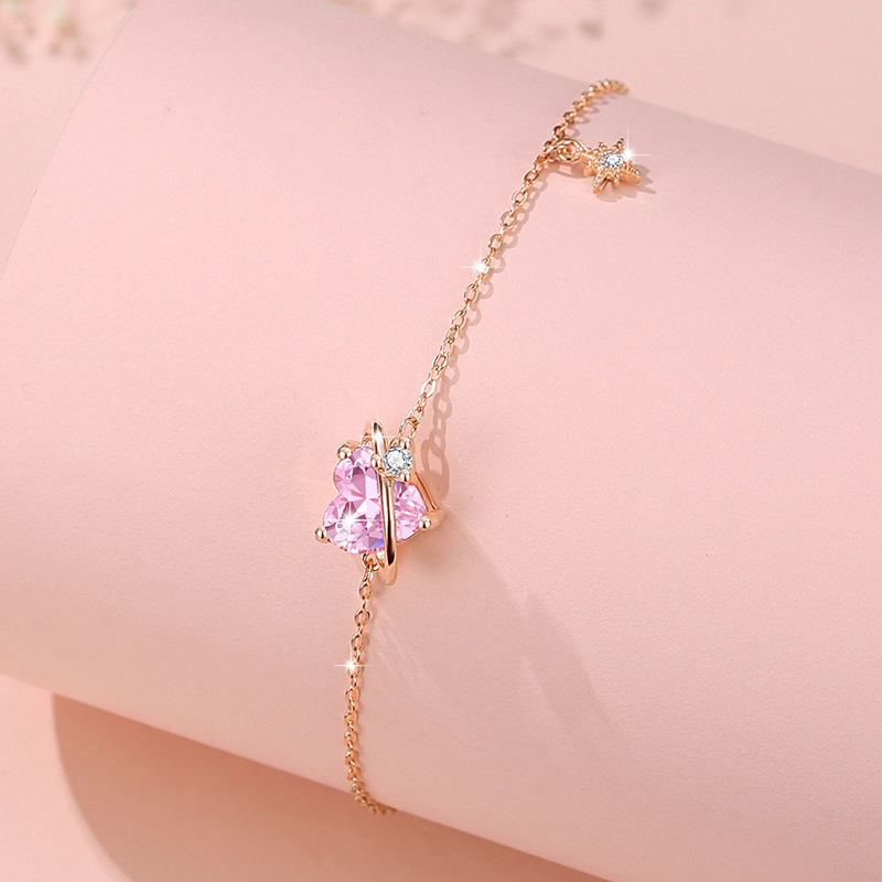 Unique S925 Silver Pink Heart Zircon Bracelet Gift for Woman Girlfriend03