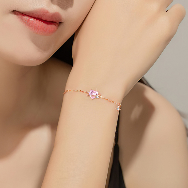 Unique S925 Silver Pink Heart Zircon Bracelet Gift for Woman Girlfriend04