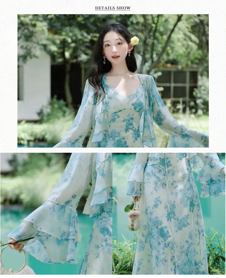 Soft-Pastel-Blue-Floral-Chiffon-Dress-with-Long-Bell-Sleeve-Ruffle-Cardigan-Set08