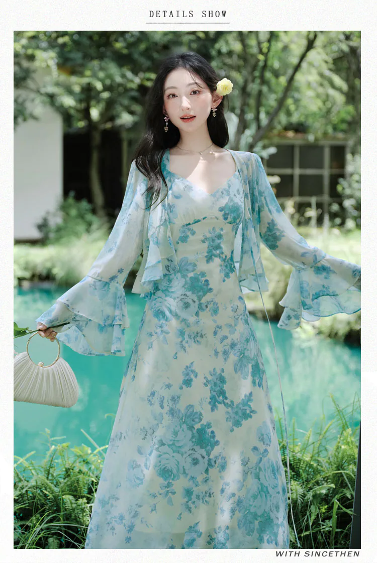 Soft-Pastel-Blue-Floral-Chiffon-Dress-with-Long-Bell-Sleeve-Ruffle-Cardigan-Set10