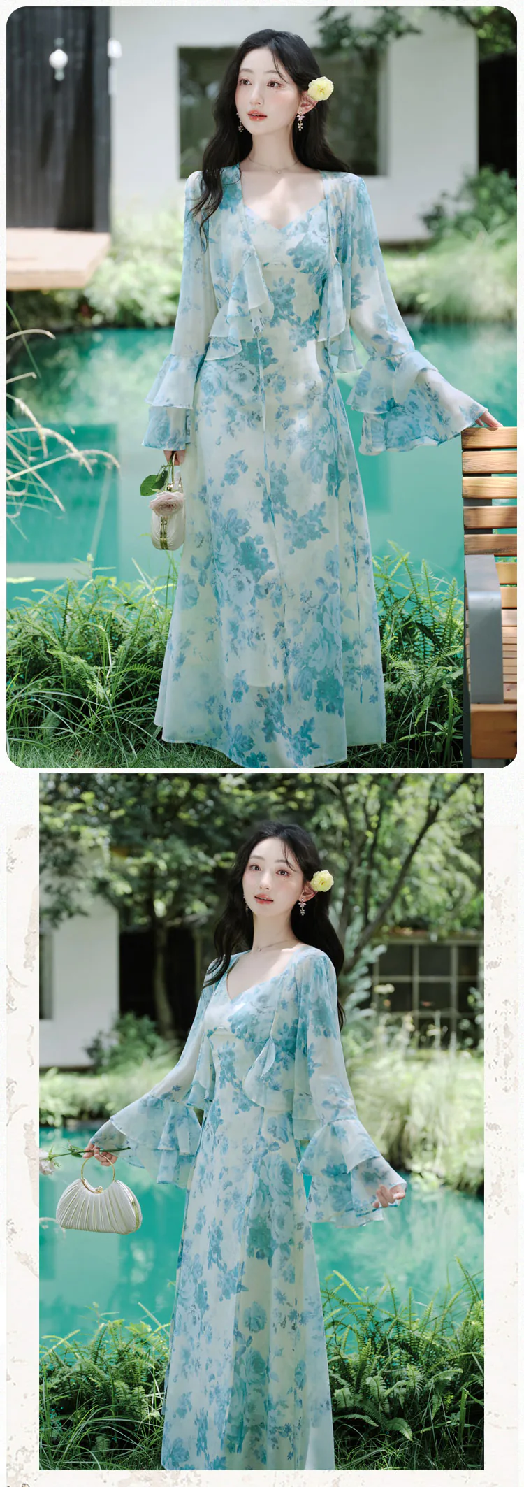 Soft-Pastel-Blue-Floral-Chiffon-Dress-with-Long-Bell-Sleeve-Ruffle-Cardigan-Set11