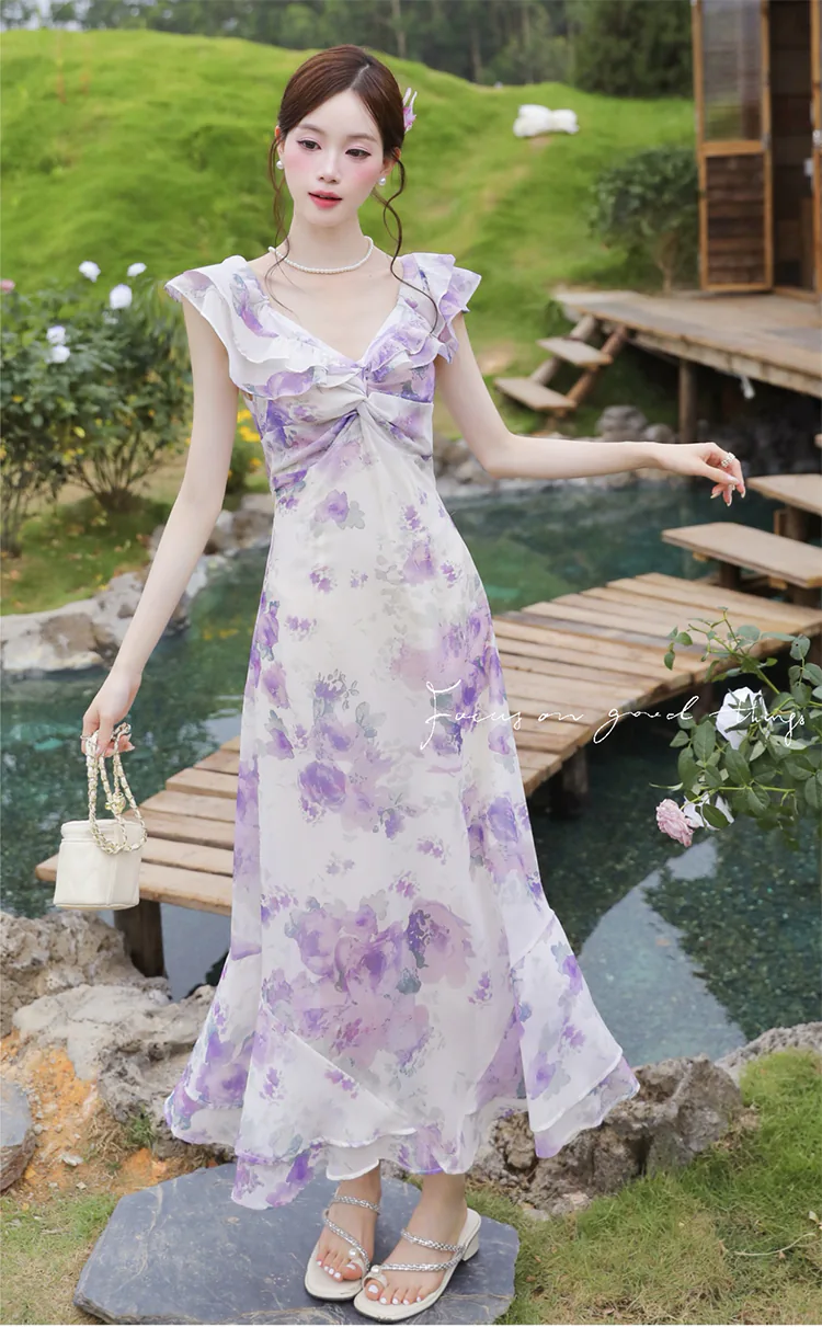 Vintage Lavender Floral Print Chiffon Ruffle Neckline Summer Casual Dress (Size: L)