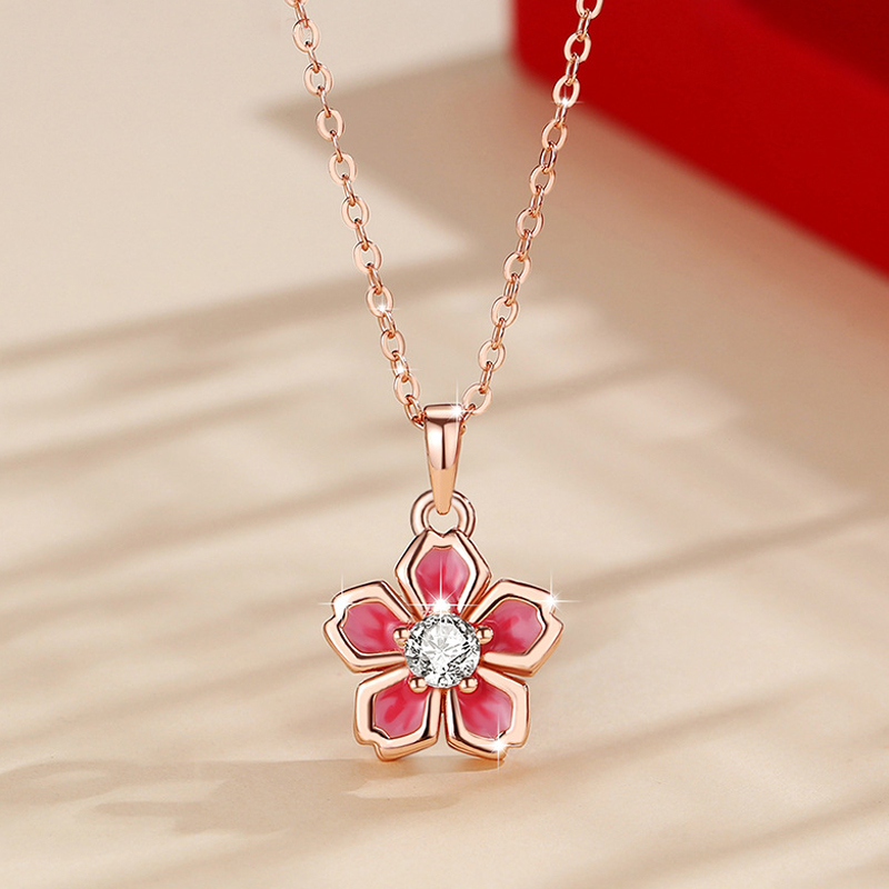 Charm 925 Sterling Silver Pink Blossom Necklace Zircon Pendant01