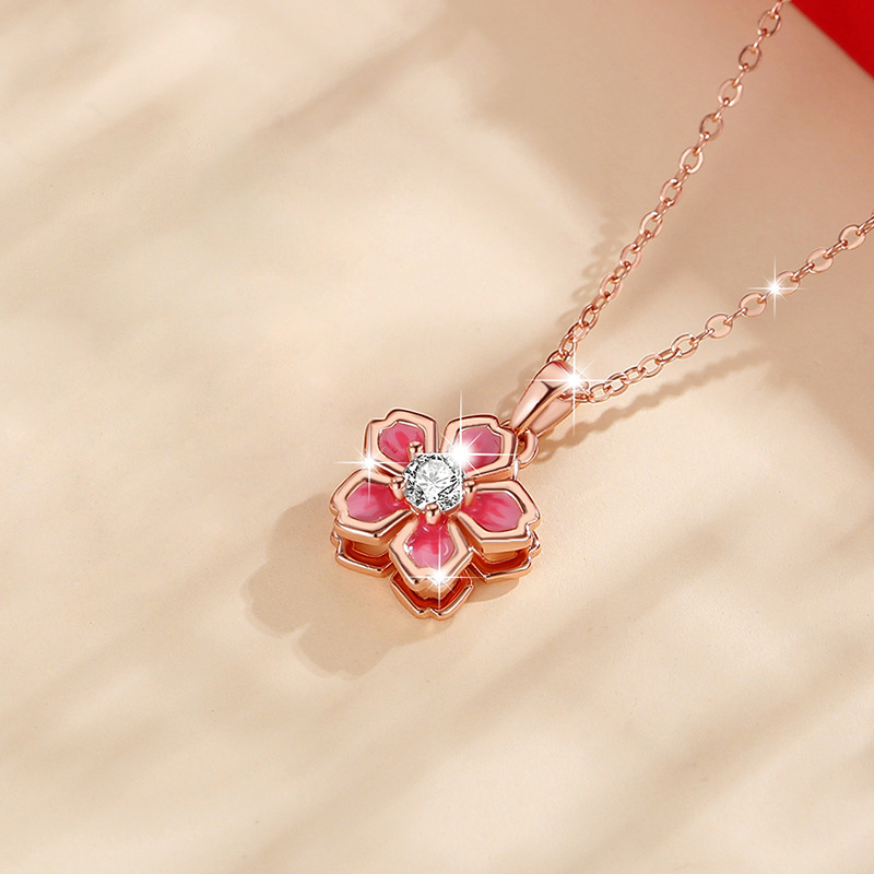 Charm 925 Sterling Silver Pink Blossom Necklace Zircon Pendant02