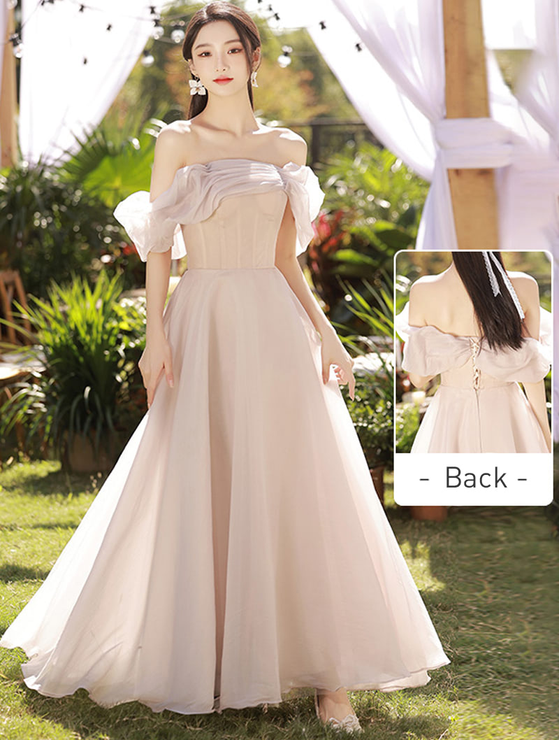 Classy Light Pink Off the Shoulder Tulle Bridesmaid Party Formal Maxi Dress FloraShe