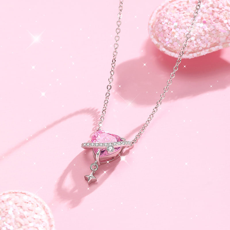 Delicate Crush on You Heartbeat Pink Zircon Necklace Jewelry for Women04