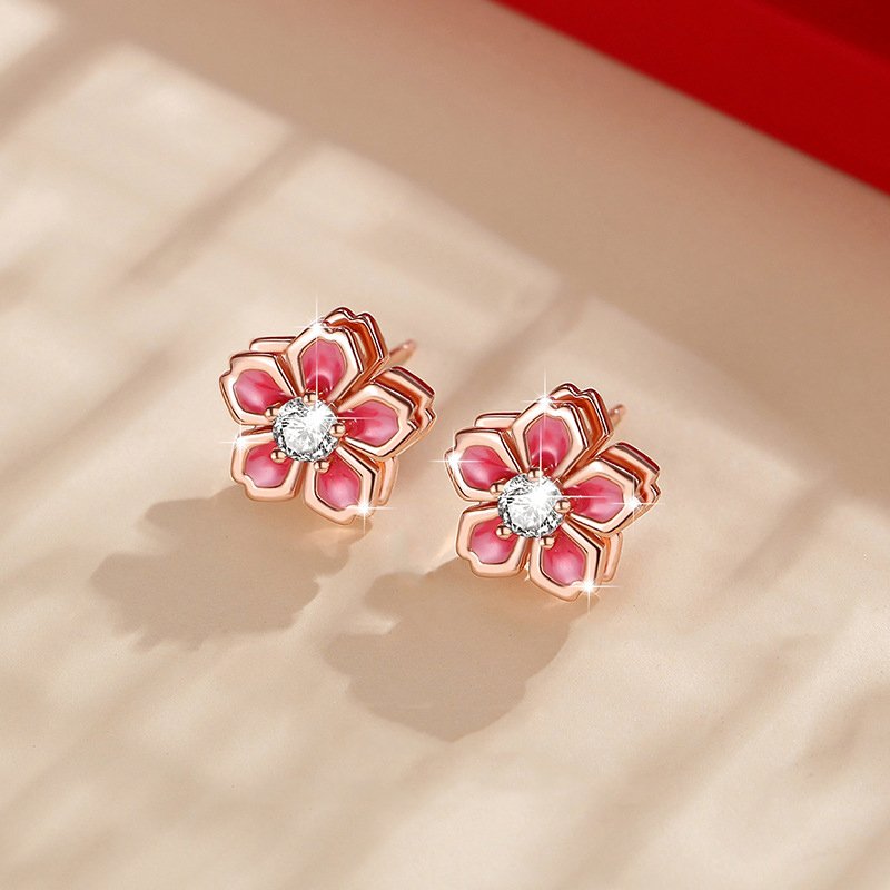 Elegant 925 Sterling Silver Pink Flower Stud Earrings Gift for Her01