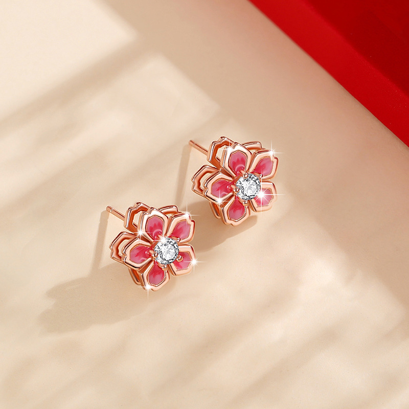 Elegant 925 Sterling Silver Pink Flower Stud Earrings Gift for Her02