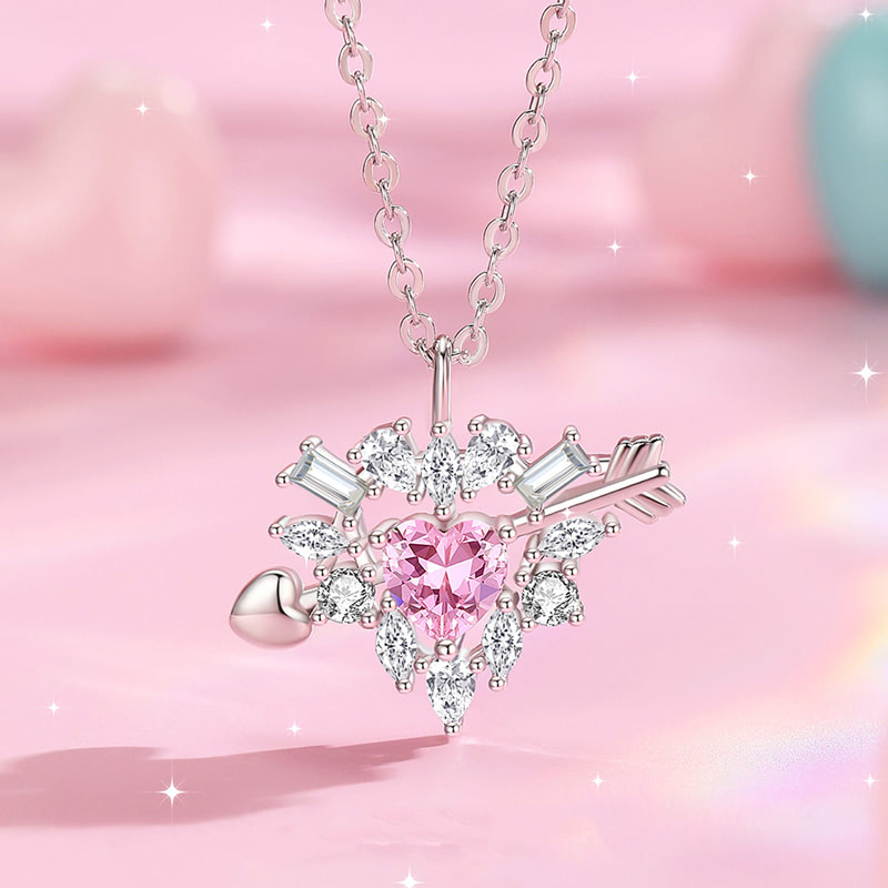 Sterling Silver Love Arrow Heart Pink Cubic Zirconia Pendant Necklace01