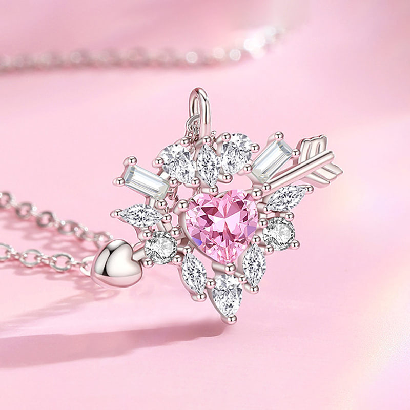 Sterling Silver Love Arrow Heart Pink Cubic Zirconia Pendant Necklace03