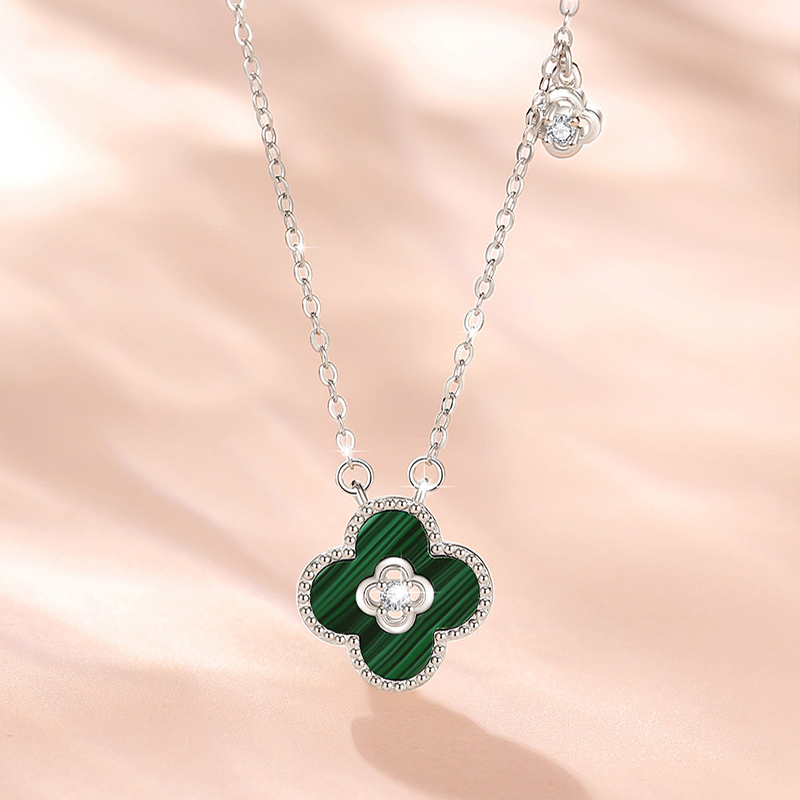 Sterling Silver Lucky Four Leaf Clover Necklace Malachite Pendant01