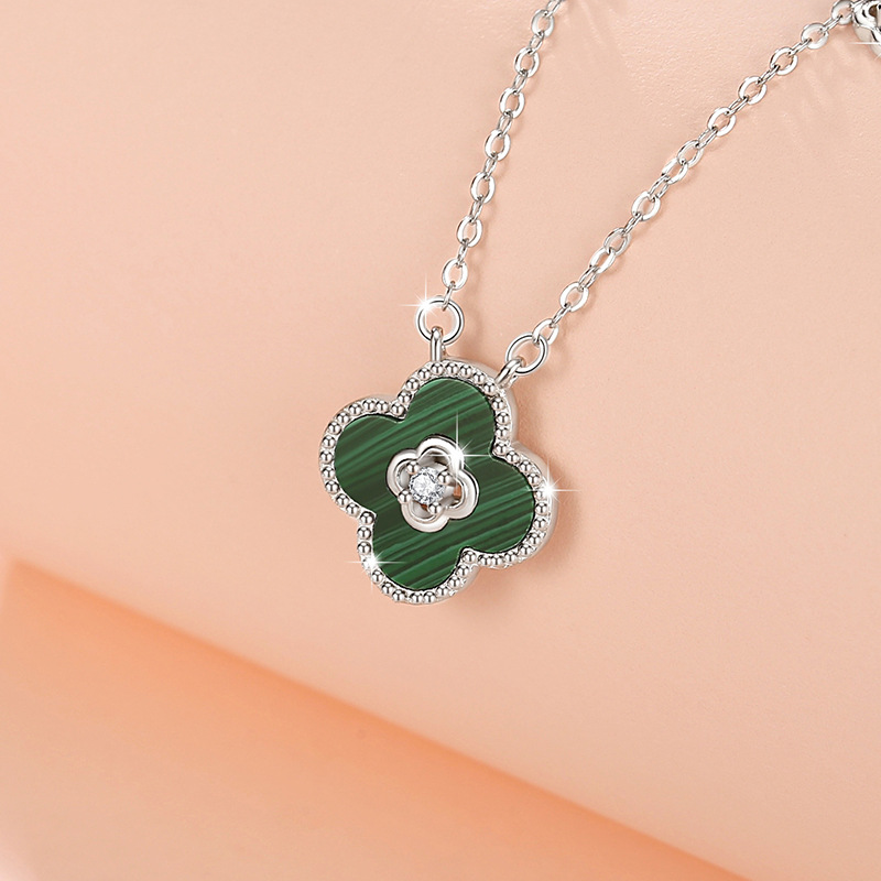 Sterling Silver Lucky Four Leaf Clover Necklace Malachite Pendant02