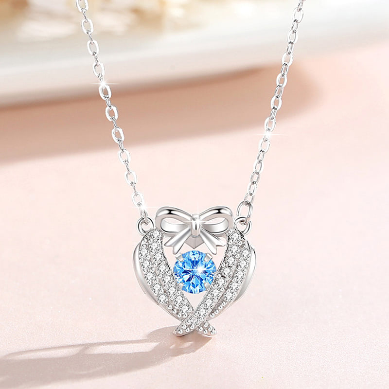 Trendy Sterling Silver Cubic Zirconia Love Heart Bow Pendant Necklace01