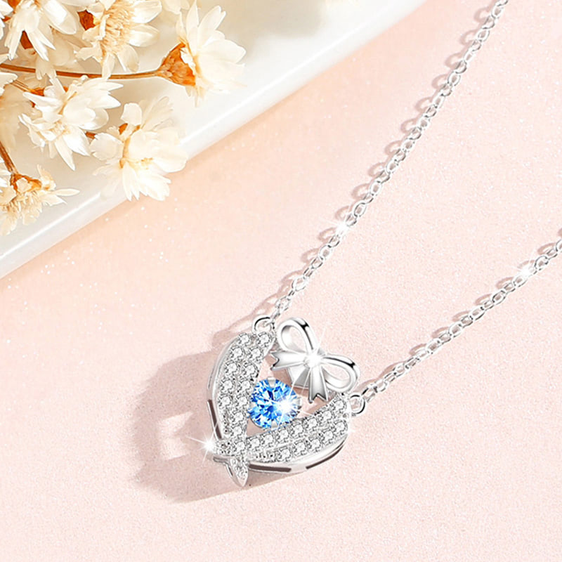 Trendy Sterling Silver Cubic Zirconia Love Heart Bow Pendant Necklace02
